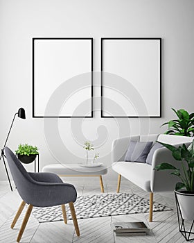 Mock up poster frame in hipster interior background, Scandinavian style, 3D render