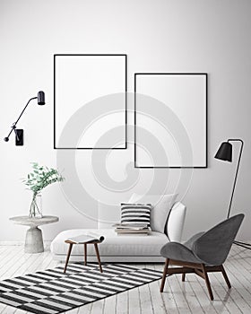 Mock up poster frame in hipster interior background, Scandinavian style, 3D render