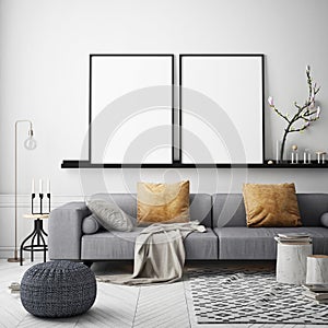 Mock up poster frame in hipster interior background, Scandinavian style, 3D render