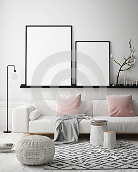 Mock up poster frame in hipster interior background, Scandinavian style, 3D render