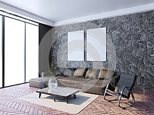 Mock up poster frame in hipster interior background, Scandinavian style, 3D render, 3D illustration