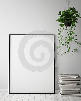 Mock up poster frame in hipster interior background, scandinavian style, 3D render,