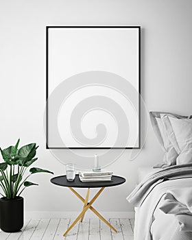 Mock up poster frame in hipster interior background, scandinavian style, 3D render,