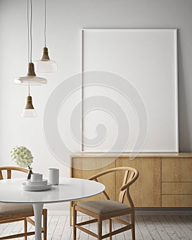 Mock up poster frame in hipster interior background, scandinavian style, 3D render,