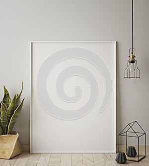 Mock up poster frame in hipster interior background, scandinavian style, 3D render