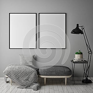 Mock up poster frame in hipster interior background, scandinavian style, 3D render,