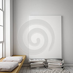 Mock up poster frame in hipster interior background, scandinavian style, 3D render