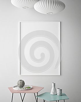 Mock up poster frame in hipster interior background, scandinavian style, 3D render