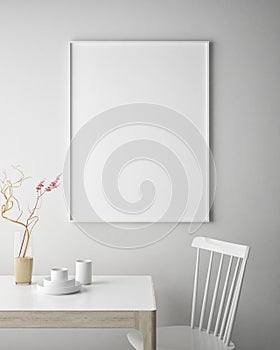 Mock up poster frame in hipster interior background, scandinavian style, 3D render,