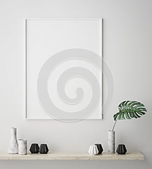 Mock up poster frame in hipster interior background, scandinavian style, 3D render