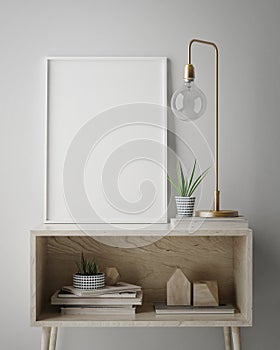 Mock up poster frame in hipster interior background, scandinavian style, 3D render