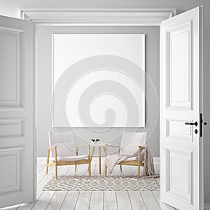 Mock up poster frame in hipster interior background, scandinavian style, 3D render