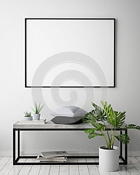 Mock up poster frame in hipster interior background, scandinavian style, 3D render