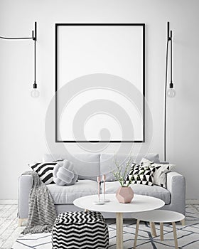 Mock up poster frame in hipster interior background, scandinavian style, 3D render