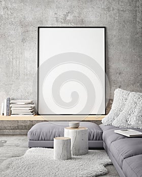 Mock up poster frame in hipster interior background, scandinavian style, 3D render