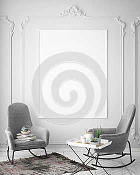 Mock up poster frame in hipster interior background, scandinavian style, 3D render