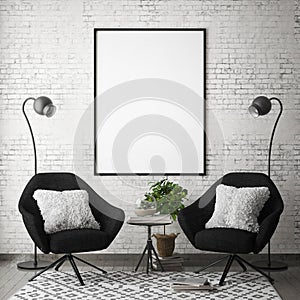 Mock up poster frame in hipster interior background, scandinavian style, 3D render