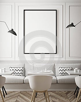 Mock up poster frame in hipster interior background, scandinavian style, 3D render