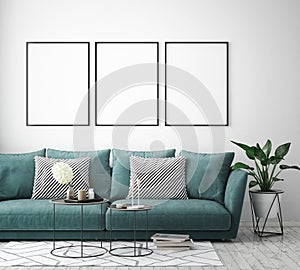 Mock up poster frame in hipster interior background, scandinavian style, 3D render