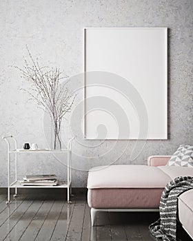 Mock up poster frame in hipster interior background, scandinavian style, 3D render