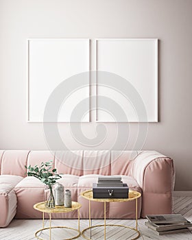 Mock up poster frame in hipster interior background, scandinavian style, 3D render