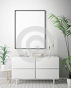 Mock up poster frame in hipster interior background, scandinavian style, 3D render