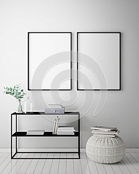 Mock up poster frame in hipster interior background, scandinavian style, 3D render