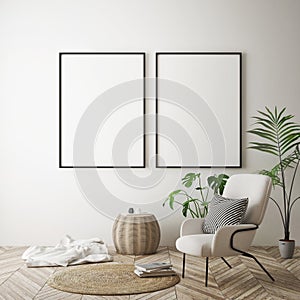 Mock up poster frame in hipster interior background, scandinavian style, 3D render