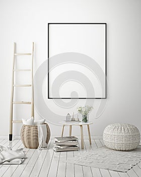 Mock up poster frame in hipster interior background, scandinavian style, 3D render