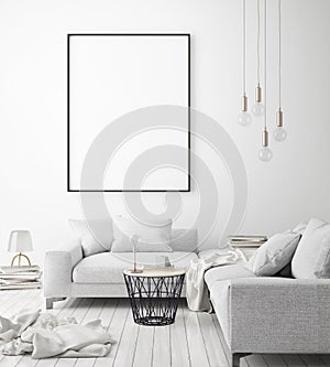 Mock up poster frame in hipster interior background, scandinavian style, 3D render