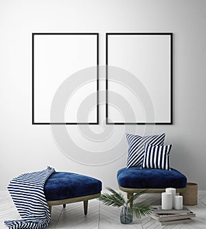 Mock up poster frame in hipster interior background, Scandinavian style, 3D render