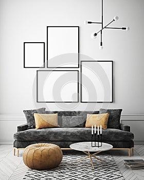 Mock up poster frame in hipster interior background, Scandinavian style, 3D render