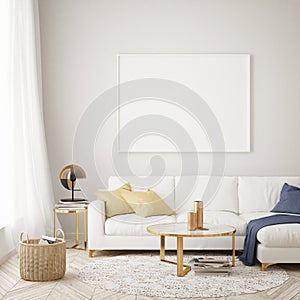 Mock up poster frame in hipster interior background, living room, Scandinavian style, 3D render, 3D illustration