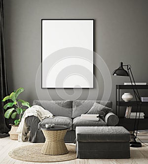 Mock up poster frame in hipster interior background, living room,Scandinavian style, 3D render, 3D illustration