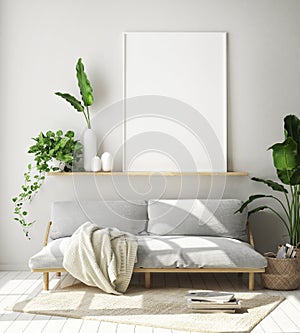 Mock up poster frame in hipster interior background, living room,Scandinavian style, 3D render, 3D illustration