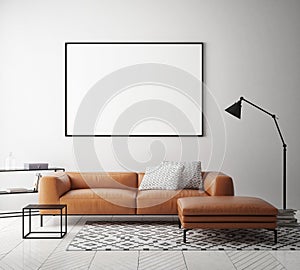 Mock up poster frame in hipster interior background, Scandinavian style, 3D render photo