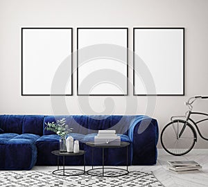 mock up poster frame in hipster interior background, Scandinavian style, 3D render