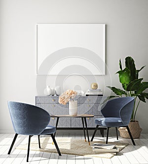 Mock up poster frame in hipster interior background, living room,Scandinavian style, 3D render, 3D illustration photo