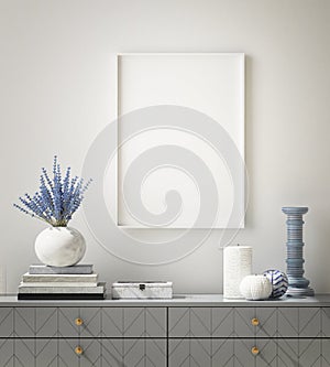 Mock up poster frame in hipster interior background, living room,Scandinavian style, 3D render, 3D illustration