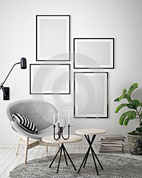 Mock up poster frame in hipster interior background, Scandinavian style, 3D render