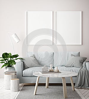 Mock up poster frame in hipster interior living roombackground, scandinavian style