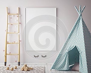 Mock up poster frame in hipster room, scandinavian style interior background, 3D render