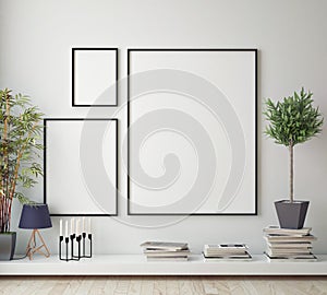 Mock up poster frame in hipster room, scandinavian style interior background,