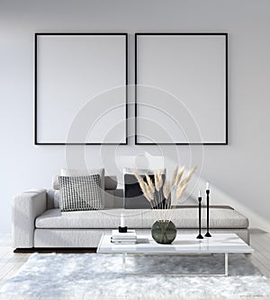 Mock up poster frame in home interior background, Modern style living room