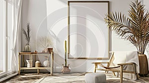mock up poster frame in home interior background, scandi boho style , living room. AI Generative