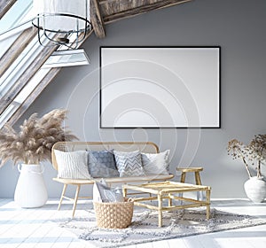 Mock up poster frame in home interior background, Scandinavian Bohemian style living room in attic