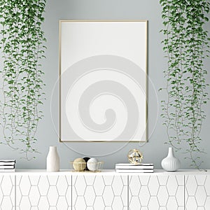 Mock up poster frame in home interior background, Scandinavian style photo