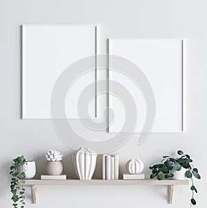 Mock up poster frame in interior background with decor on shelf