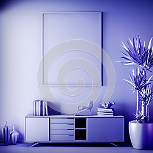 Mock up poster frame in Interior, Blue color, Clay render, 3D illustration