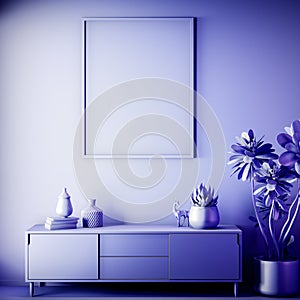 Mock up poster frame in Interior, Blue color, Clay render, 3D illustration